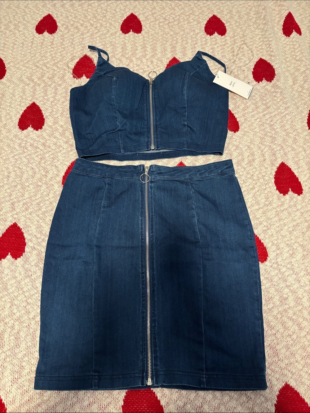 High-Waist Dark Blue Denim Midi Skirt with Front Zip
